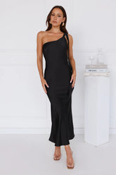 Black Tie Ballroom One Shoulder Satin Maxi Dress Black